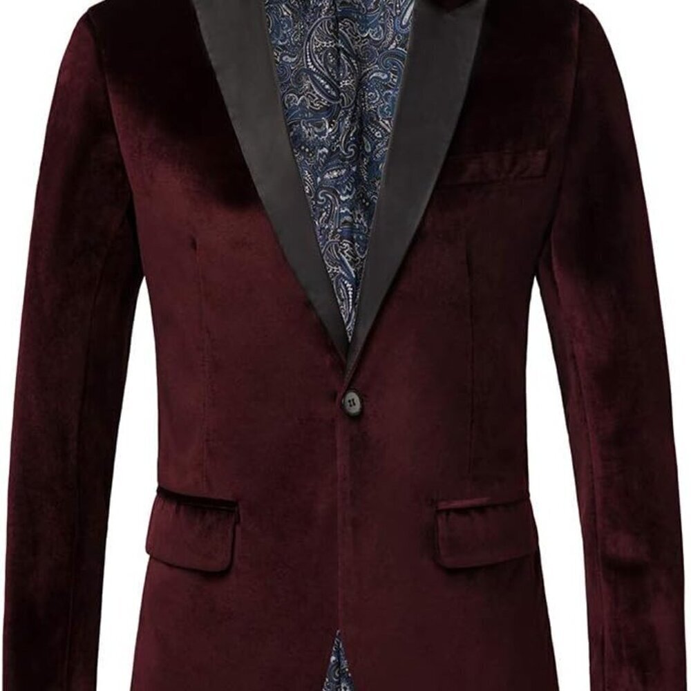 Plush Velvet Blazer Men's Slim Fit Burgundy Tuxedo M